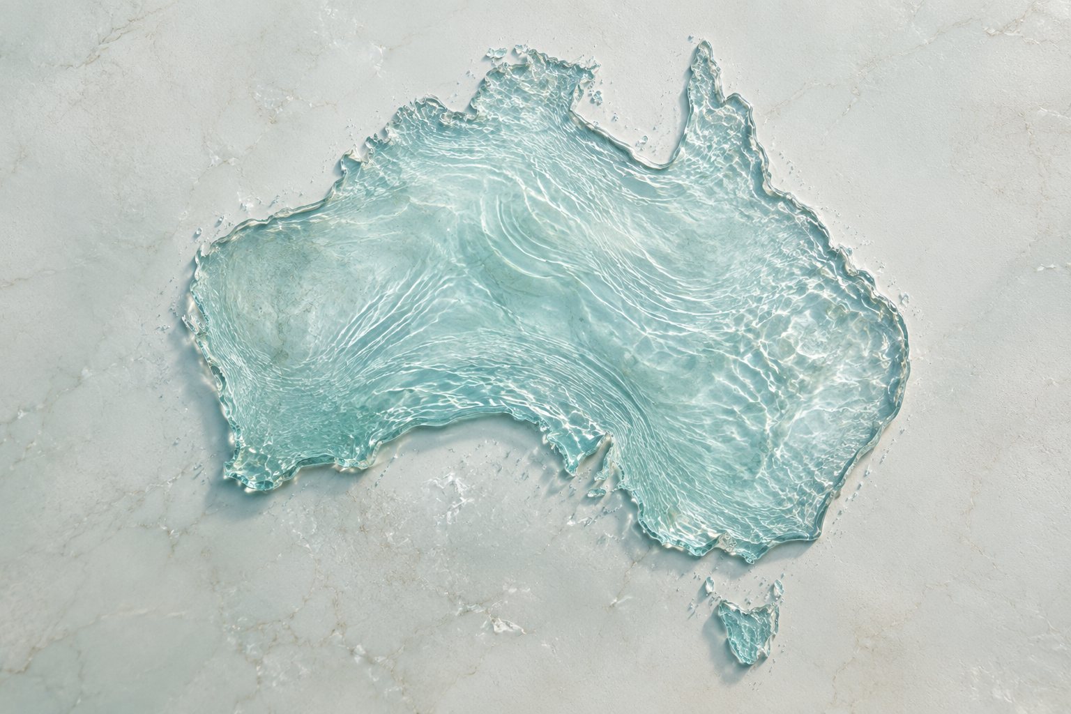 A map of Australia formed from clear flowing water, representing water cremation across the country