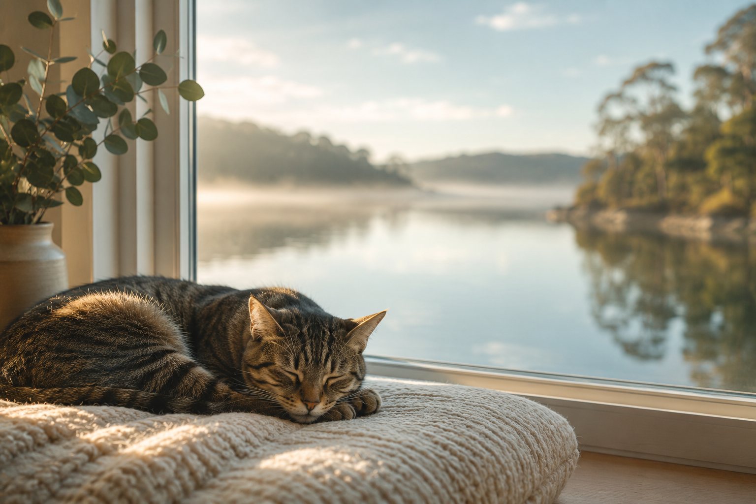 A cat resting by a sunlit window overlooking a calm lake