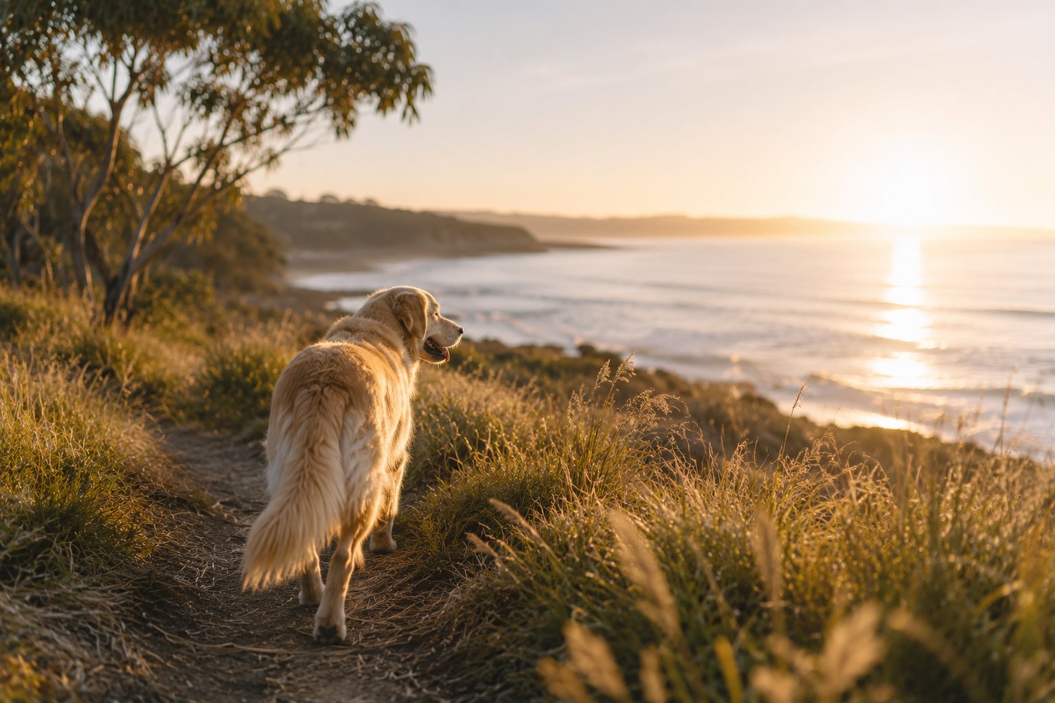 A dog gazing out over the Australian coast at sunset