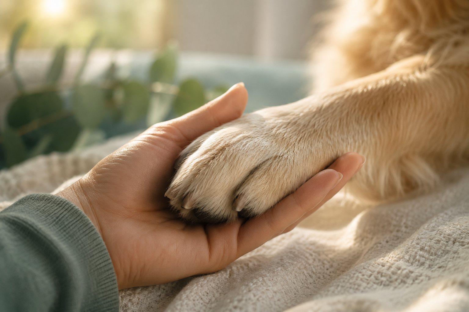 A person gently holding their dog's paw
