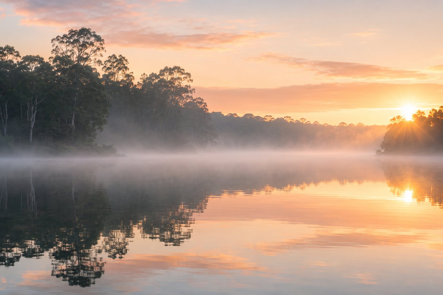Calm misty lake at dawn